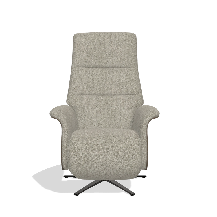 Recliner Atlas 6685 in Taurus 05 fabric (sage), walnut wood side panels, black metal base, front view