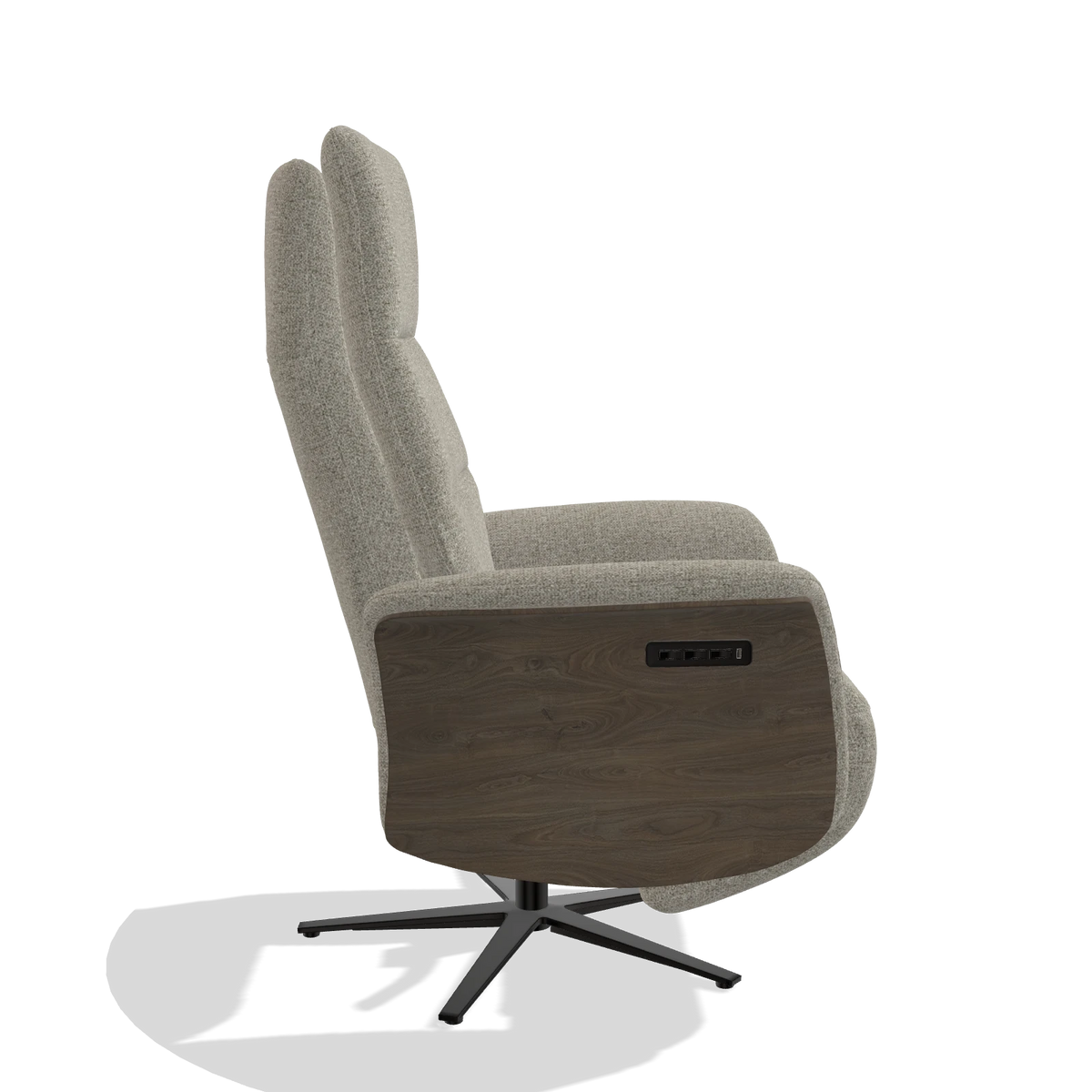Recliner Atlas 6685 in Taurus 05 fabric (sage), walnut wood side panels, black metal base, side view