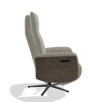 Recliner Atlas 6685 in Taurus 05 fabric (sage), walnut wood side panels, black metal base, side view