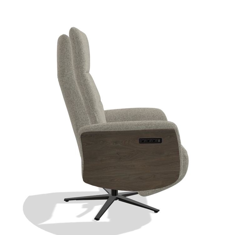 Recliner Atlas 6685 in Taurus 05 fabric (sage), walnut wood side panels, black metal base, side view