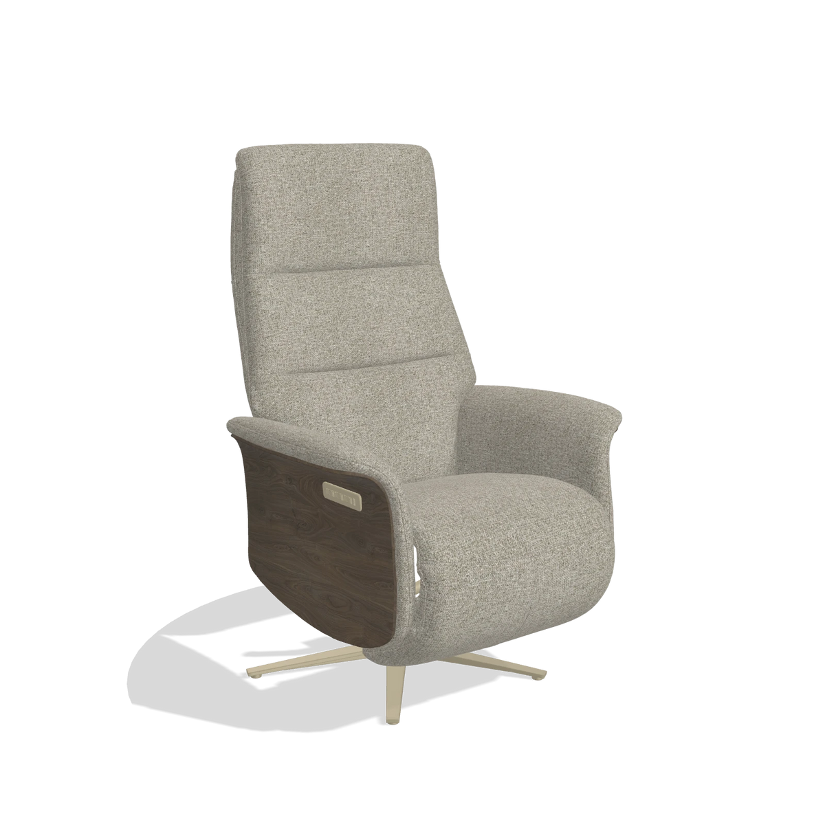 Recliner Atlas 6685 in Taurus 05 fabric (sage), walnut wood side panels, champagne metal base, angled view