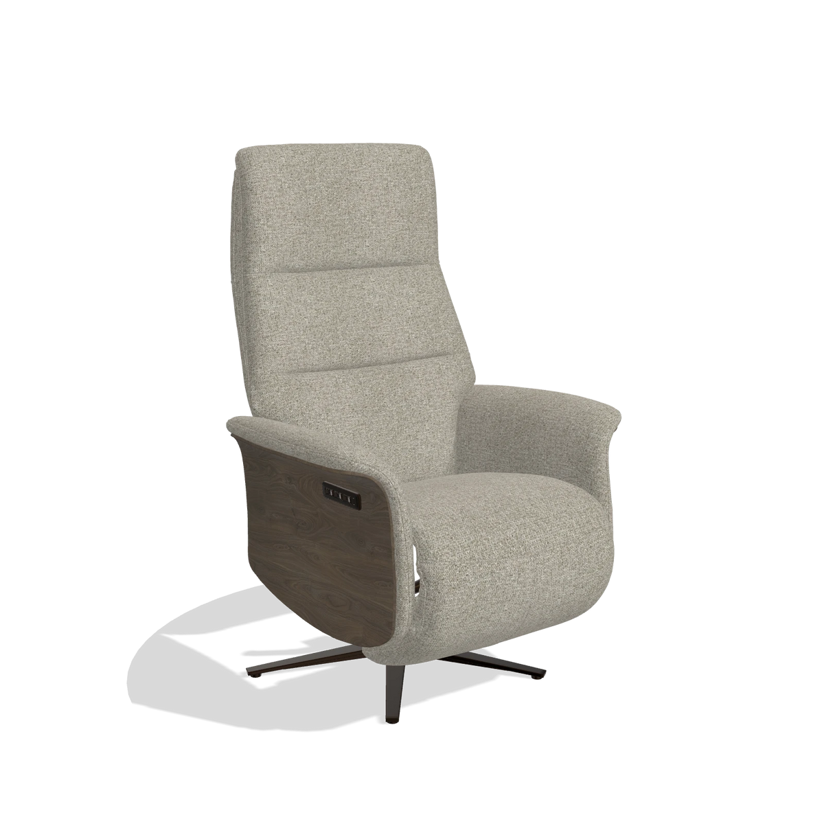 Recliner Atlas 6685 in Taurus 05 fabric (sage), walnut wood side panels, espresso metal base, angled view