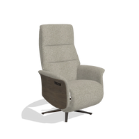Recliner Atlas 6685 in Taurus 05 fabric (sage), walnut wood side panels, espresso metal base, angled view