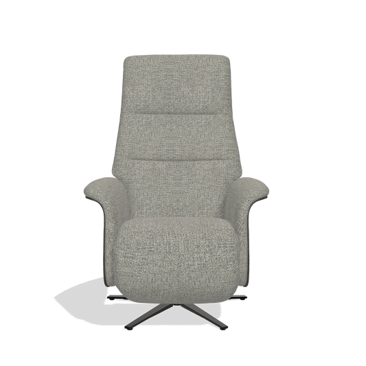 Sillón reclinable Atlas 6685 en tela Taurus 65 (topo), paneles laterales de madera en tabaco, base metálica en negro, vista frontal