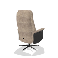 Recliner Atlas 6685 in Venga 10 fabric (greige), black wood side panels, black metal base, back angled view