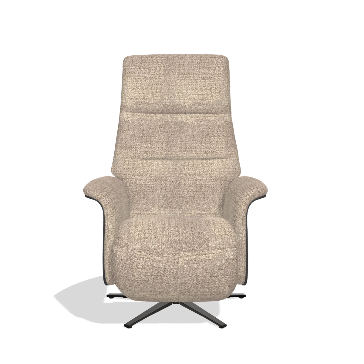 Recliner Atlas 6685 in Venga 10 fabric (greige), black wood side panels, black metal base, front view