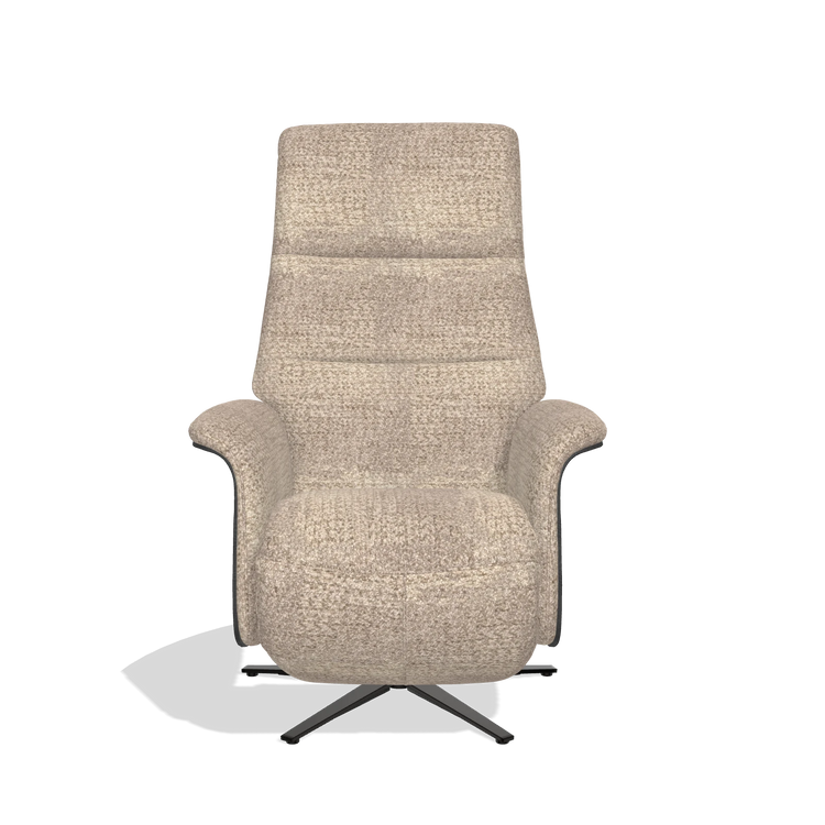 Recliner Atlas 6685 in Venga 10 fabric (greige), black wood side panels, black metal base, front view