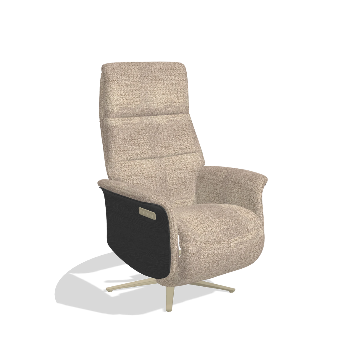 Recliner Atlas 6685 in Venga 10 fabric (greige), black wood side panels, champagne metal base, angled view