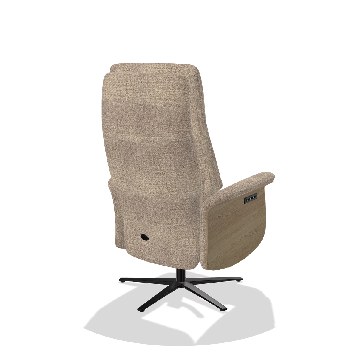 Recliner Atlas 6685 in Venga 10 fabric (greige), natural wood side panels, black metal base, back angled view