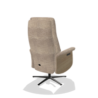 Recliner Atlas 6685 in Venga 10 fabric (greige), natural wood side panels, black metal base, back angled view