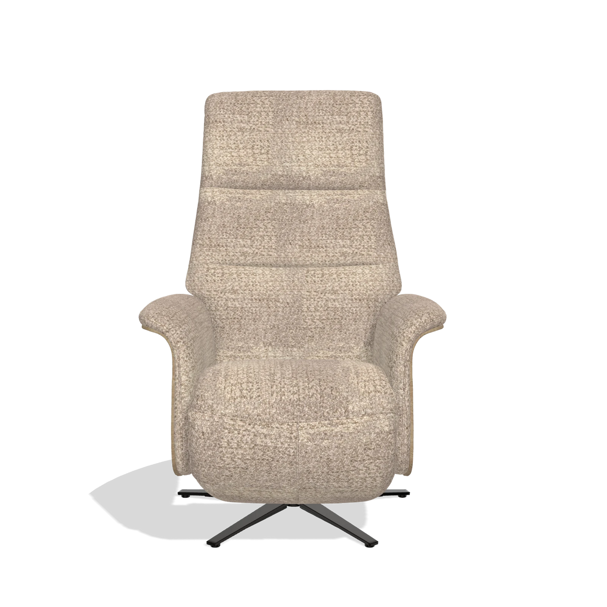 Recliner Atlas 6685 in Venga 10 fabric (greige), natural wood side panels, black metal base, front view