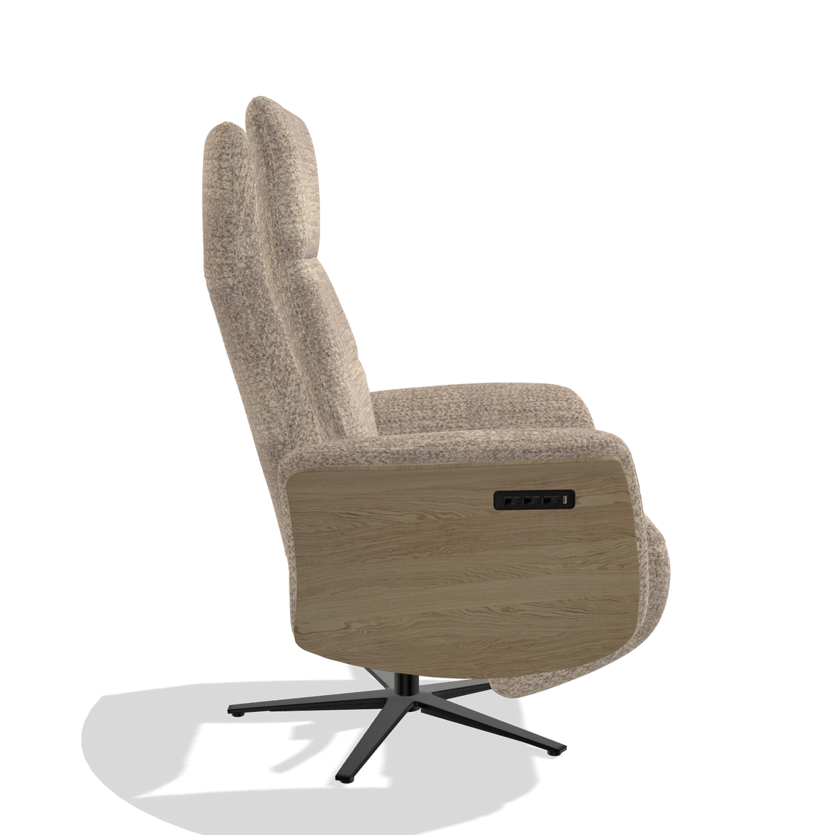 Recliner Atlas 6685 in Venga 10 fabric (greige), natural wood side panels, black metal base, side view