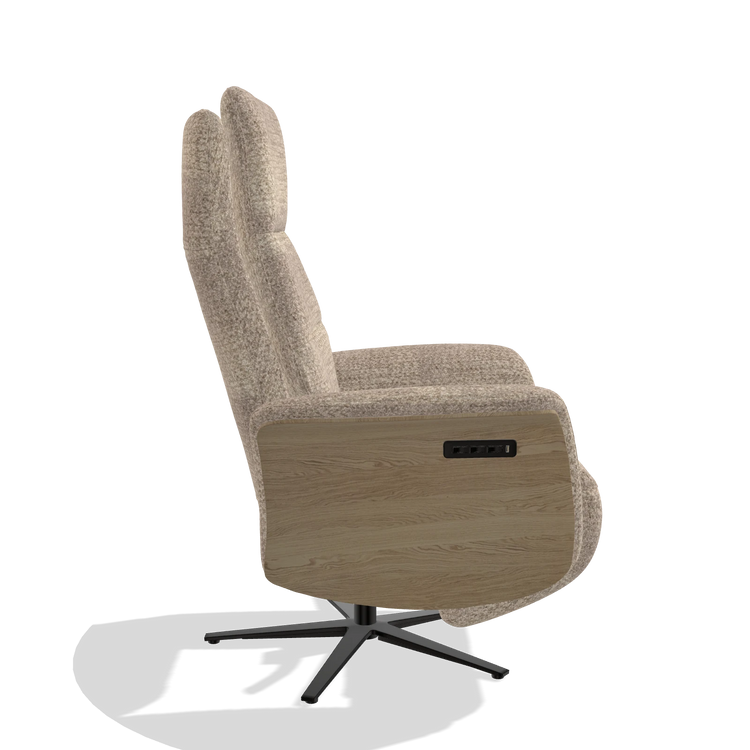 Recliner Atlas 6685 in Venga 10 fabric (greige), natural wood side panels, black metal base, side view