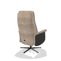 Recliner Atlas 6685 in Venga 10 fabric (greige), tobacco wood side panels, black metal base, back angled view