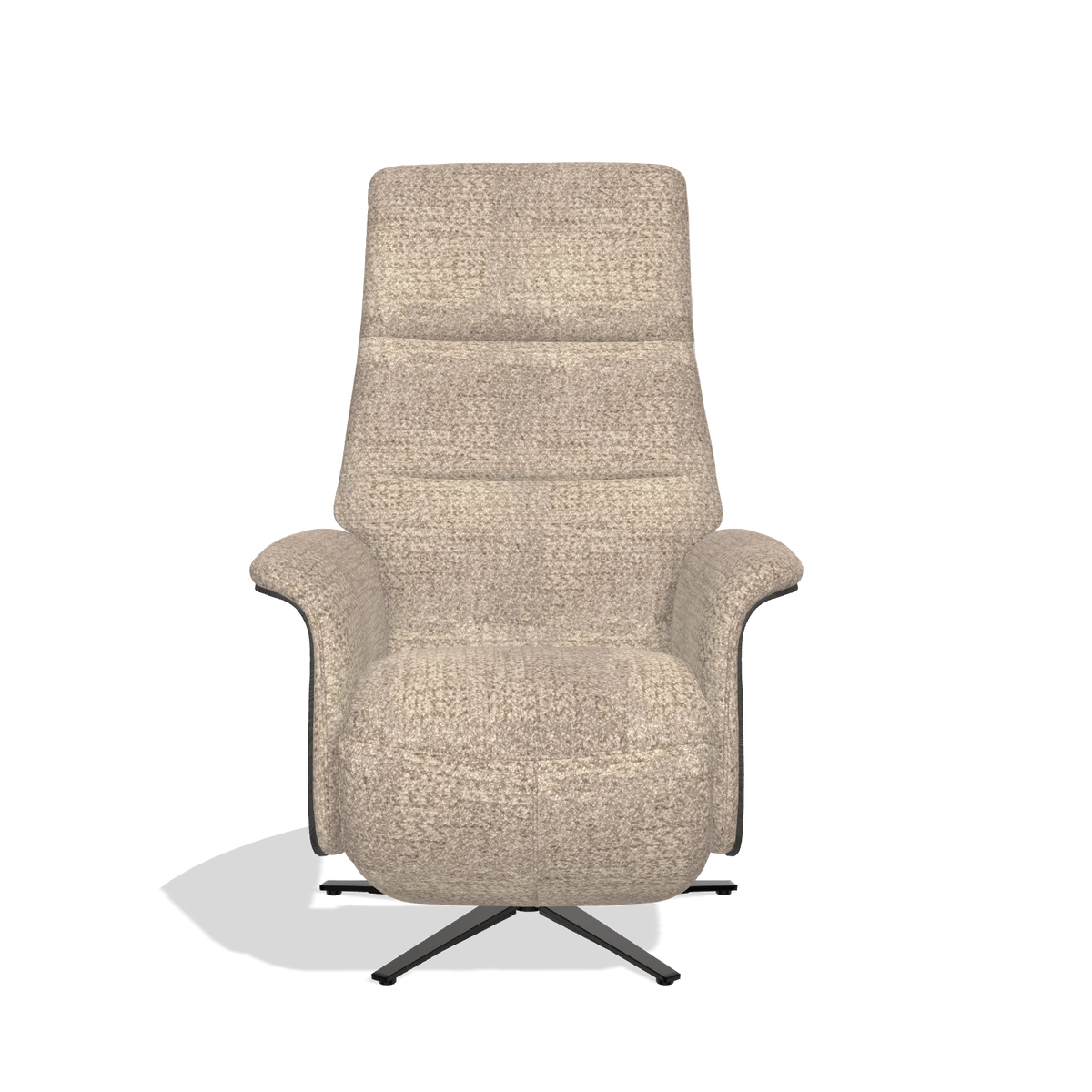 Recliner Atlas 6685 in Venga 10 fabric (greige), tobacco wood side panels, black metal base, front view