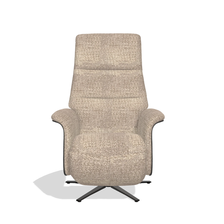 Recliner Atlas 6685 in Venga 10 fabric (greige), tobacco wood side panels, black metal base, front view