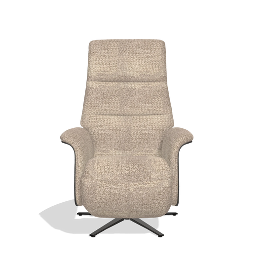 Sillón reclinable Atlas 6685 en tela Venga 10 (greige), paneles laterales de madera en tabaco, base metálica en negro, vista frontal