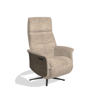 Recliner Atlas 6685 in Venga 10 fabric (greige), walnut wood side panels, black metal base, angled view