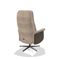 Recliner Atlas 6685 in Venga 10 fabric (greige), walnut wood side panels, black metal base, back angled view