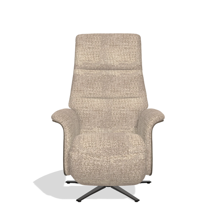 Recliner Atlas 6685 in Venga 10 fabric (greige), walnut wood side panels, black metal base, front view