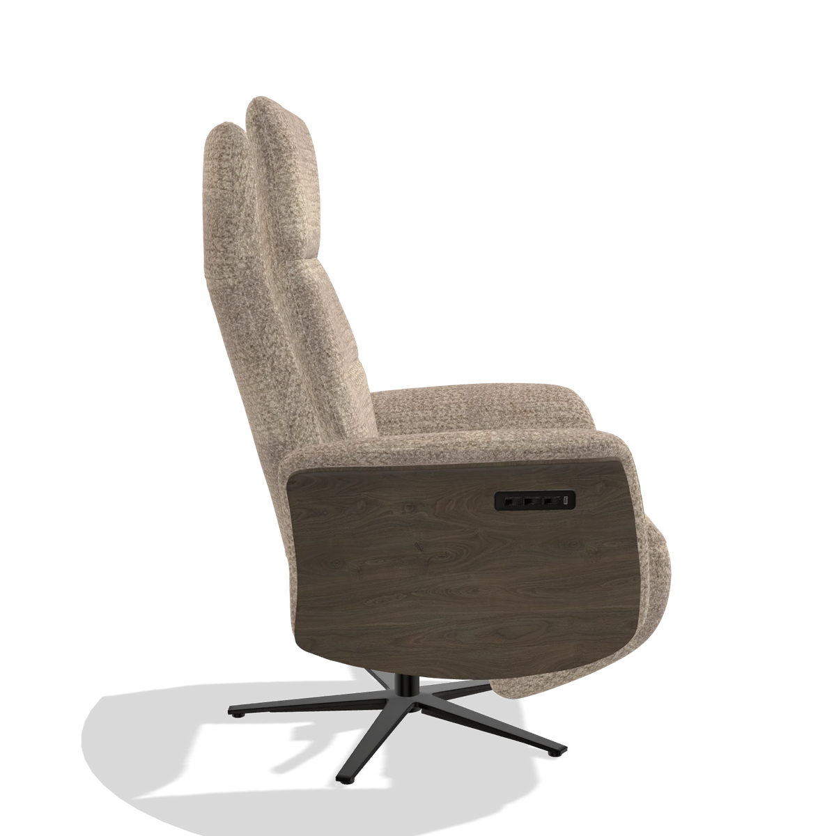 Recliner Atlas 6685 in Venga 10 fabric (greige), walnut wood side panels, black metal base, side view