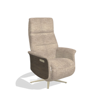 Recliner Atlas 6685 in Venga 10 fabric (greige), walnut wood side panels, champagne metal base, angled view