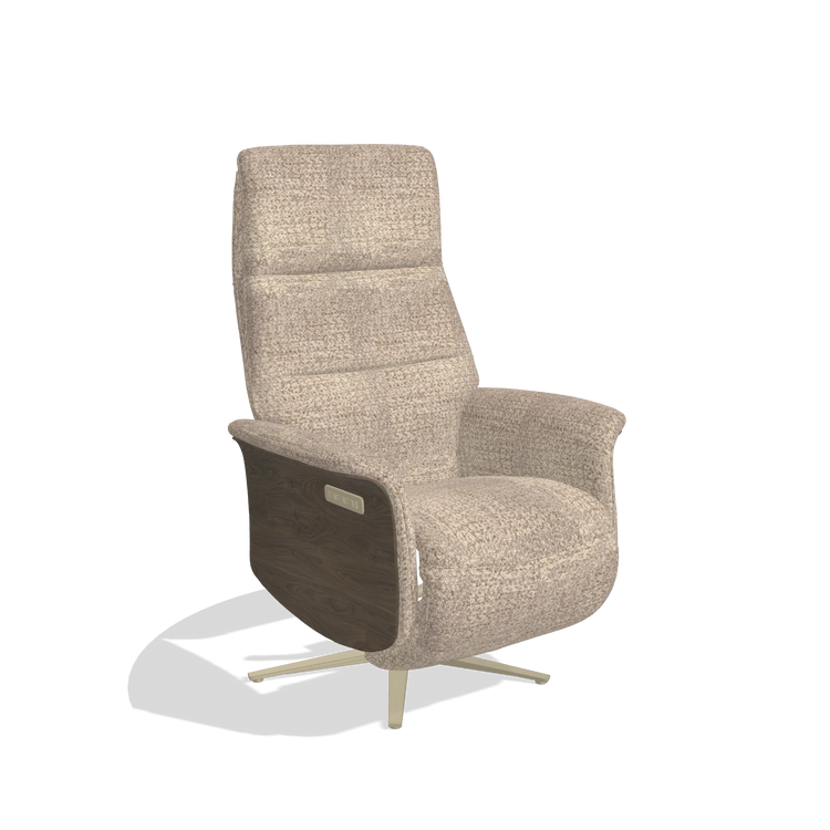 Recliner Atlas 6685 in Venga 10 fabric (greige), walnut wood side panels, champagne metal base, angled view