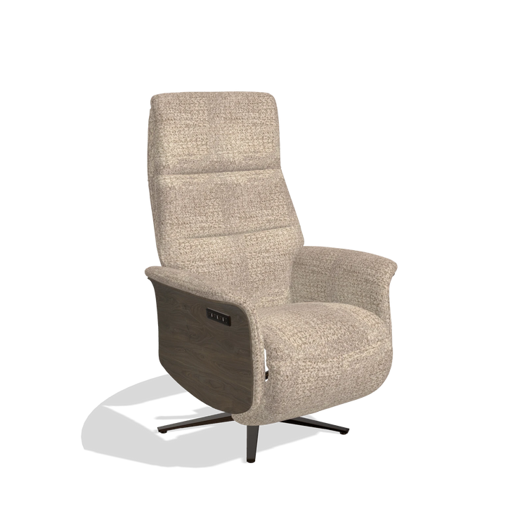 Recliner Atlas 6685 in Venga 10 fabric (greige), walnut wood side panels, espresso metal base, angled view