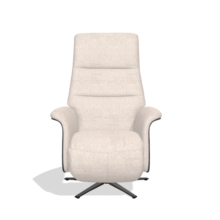 Recliner Atlas 6685 in Venga 102 fabric (light grey), black wood side panels, black metal base, front view