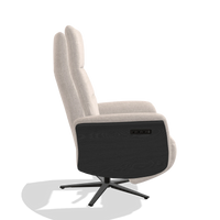 Recliner Atlas 6685 in Venga 102 fabric (light grey), black wood side panels, black metal base, side view