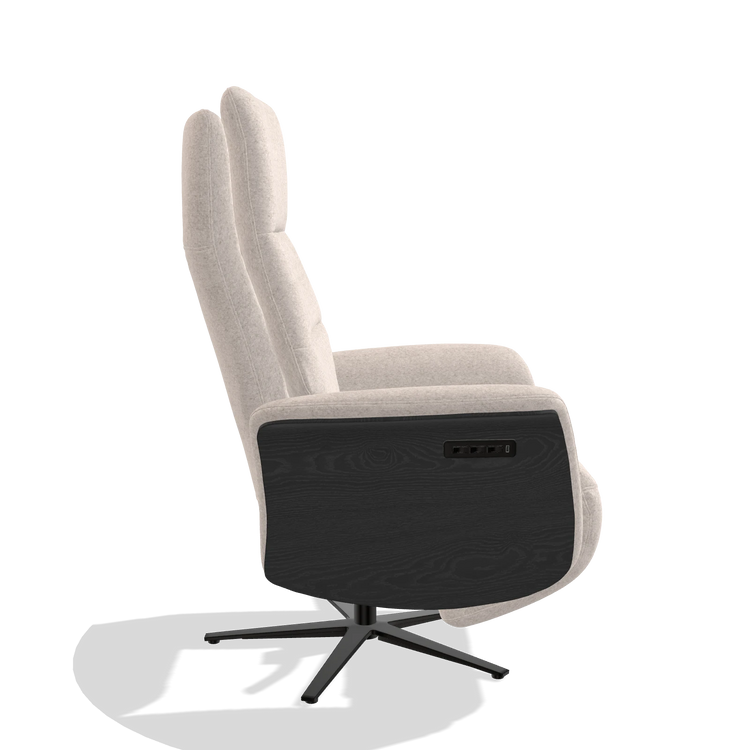 Recliner Atlas 6685 in Venga 102 fabric (light grey), black wood side panels, black metal base, side view