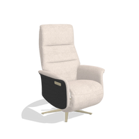 Recliner Atlas 6685 in Venga 102 fabric (light grey), black wood side panels, champagne metal base, angled view