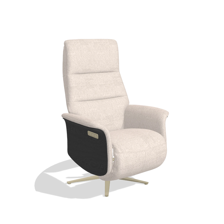 Recliner Atlas 6685 in Venga 102 fabric (light grey), black wood side panels, champagne metal base, angled view