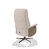 Recliner Atlas 6685 in Venga 102 fabric (light grey), natural wood side panels, black metal base, back angled view