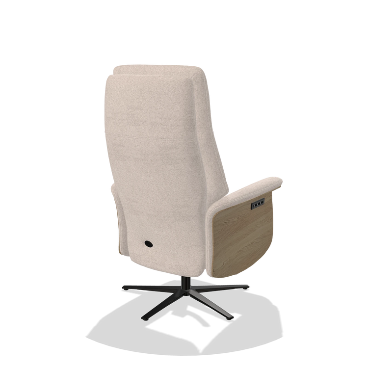Recliner Atlas 6685 in Venga 102 fabric (light grey), natural wood side panels, black metal base, back angled view