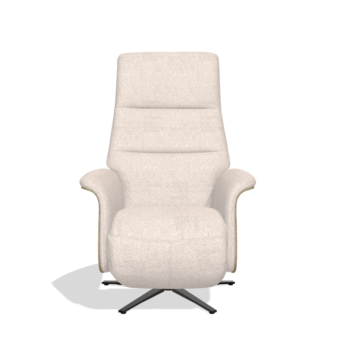 Recliner Atlas 6685 in Venga 102 fabric (light grey), natural wood side panels, black metal base, front view