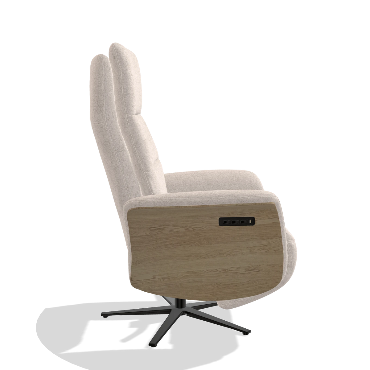 Recliner Atlas 6685 in Venga 102 fabric (light grey), natural wood side panels, black metal base, side view