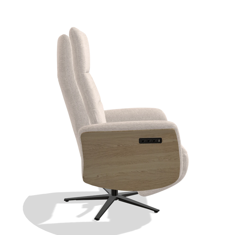 Recliner Atlas 6685 in Venga 102 fabric (light grey), natural wood side panels, black metal base, side view