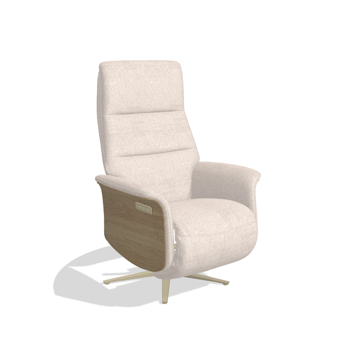 Recliner Atlas 6685 in Venga 102 fabric (light grey), natural wood side panels, champagne metal base, angled view