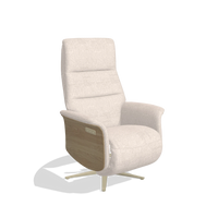 Recliner Atlas 6685 in Venga 102 fabric (light grey), natural wood side panels, champagne metal base, angled view