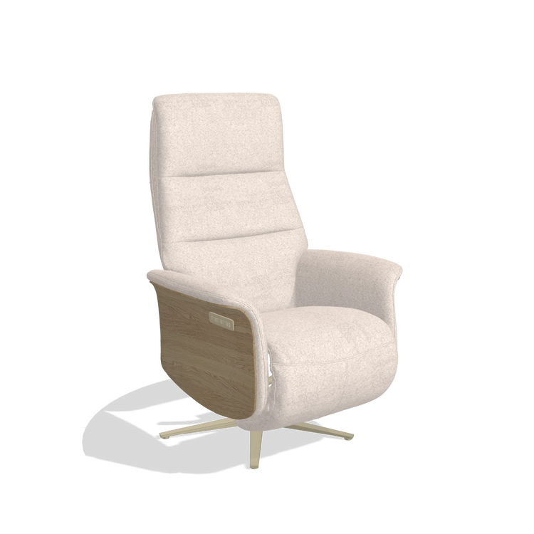 Recliner Atlas 6685 in Venga 102 fabric (light grey), natural wood side panels, champagne metal base, angled view