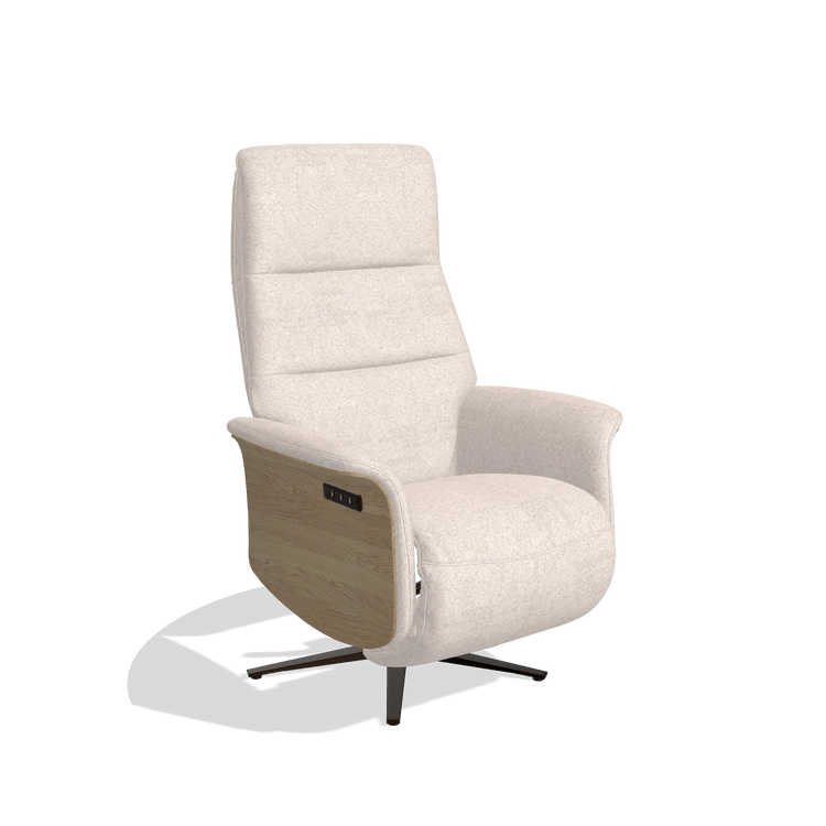 Recliner Atlas 6685 in Venga 102 fabric (light grey), natural wood side panels, espresso metal base, angled view