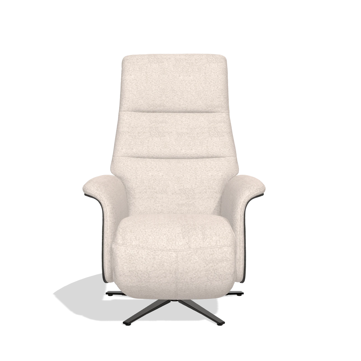 Recliner Atlas 6685 in Venga 102 fabric (light grey), tobacco wood side panels, black metal base, front view