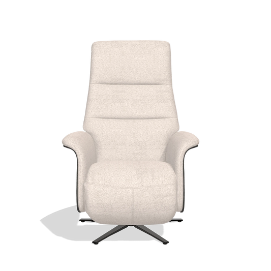 Sillón reclinable Atlas 6685 en tela Venga 102 (gris claro), paneles laterales de madera en tabaco, base metálica en negro, vista frontal