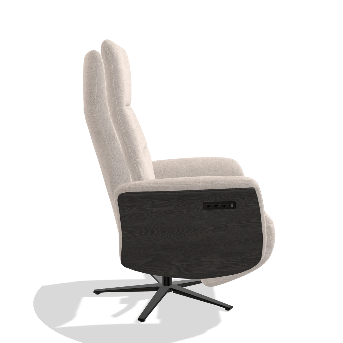 Recliner Atlas 6685 in Venga 102 fabric (light grey), tobacco wood side panels, black metal base, side view