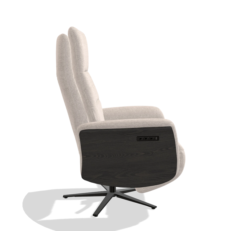 Recliner Atlas 6685 in Venga 102 fabric (light grey), tobacco wood side panels, black metal base, side view
