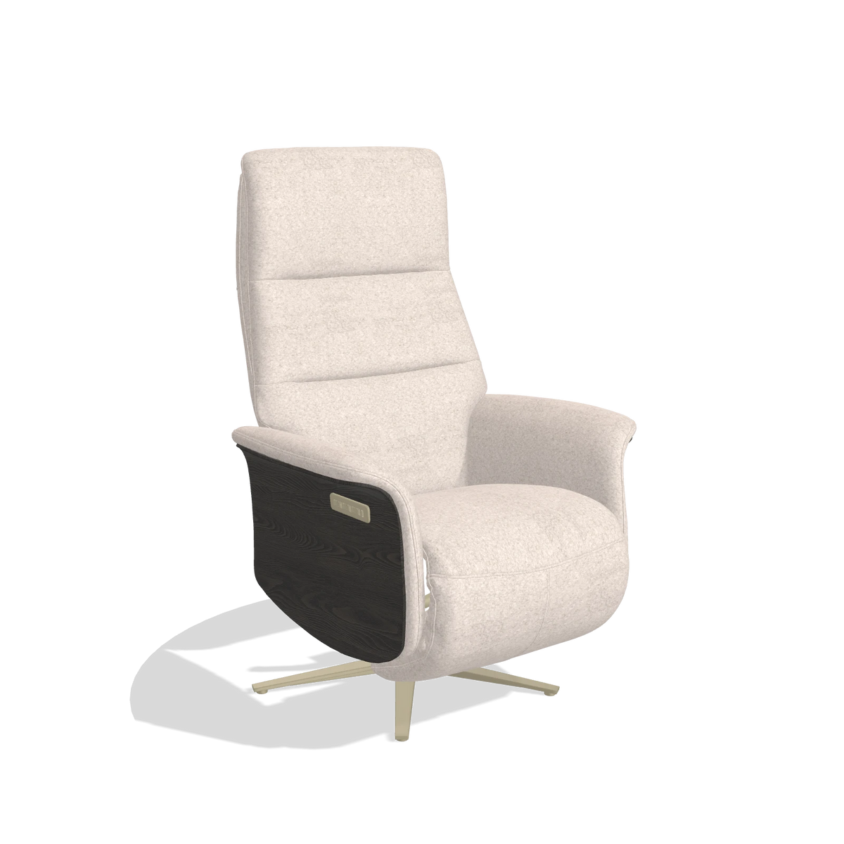 Recliner Atlas 6685 in Venga 102 fabric (light grey), tobacco wood side panels, champagne metal base, angled view