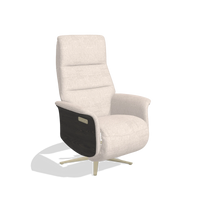 Recliner Atlas 6685 in Venga 102 fabric (light grey), tobacco wood side panels, champagne metal base, angled view