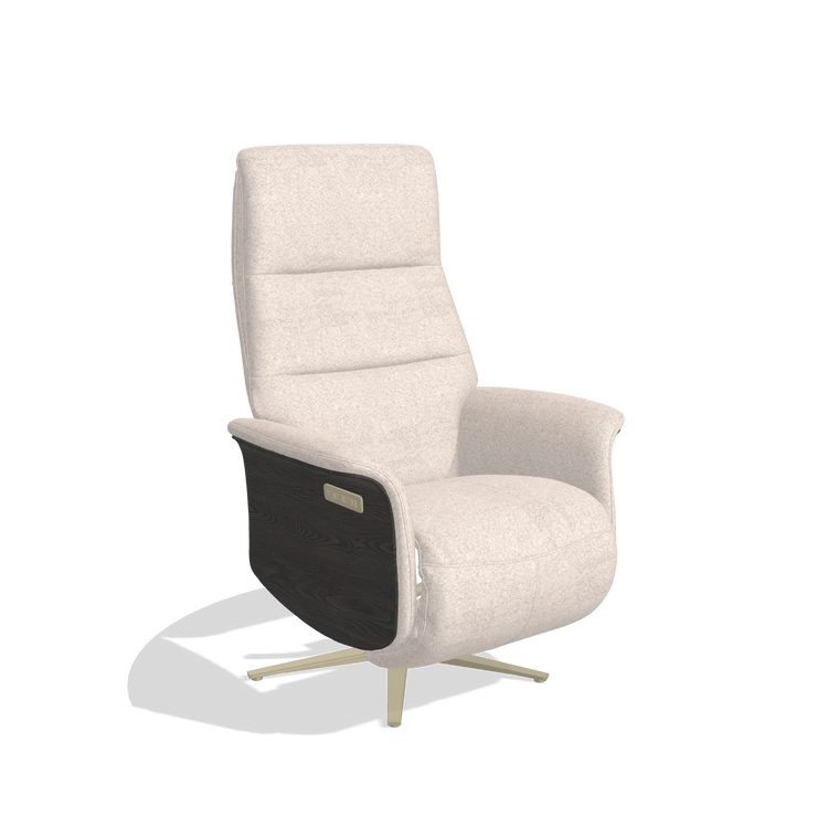 Recliner Atlas 6685 in Venga 102 fabric (light grey), tobacco wood side panels, champagne metal base, angled view