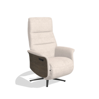 Recliner Atlas 6685 in Venga 102 fabric (light grey), walnut wood side panels, black metal base, angled view